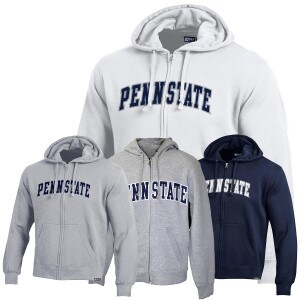 gray, navy, Oxford, and white full zip hooded sweatshirts with twill arched Penn State